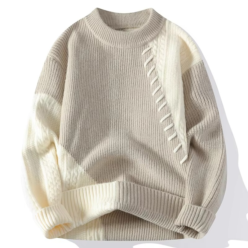 Men's patchwork knit crew neck sweater with diagonal panels and decorative stitching for fall winter