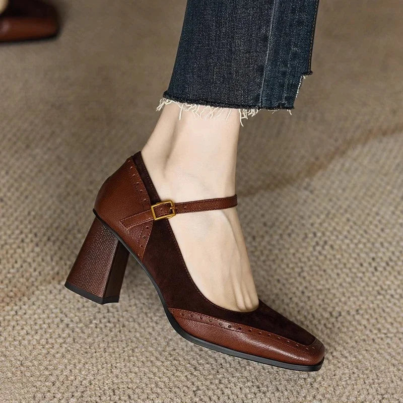Women's brown brogue square toe block heel pump with ankle strap gold buckle, vintage-inspired style