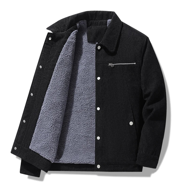 Ribbed corduroy fleece-lined jacket neutral tone structured fit shiny metal hardware smart casual