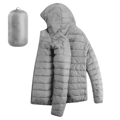 Men's lightweight hooded down jacket in neutral tone with zip pockets, slim urban fit
