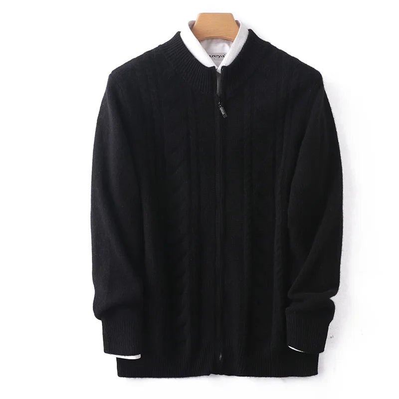 Mock neck zip-up cashmere wool knit sweater in neutral tone, slim-fit with ribbed texture