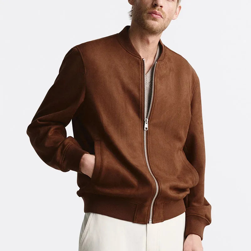 Rich brown suede bomber jacket men tailored fit premium texture smart-casual style
