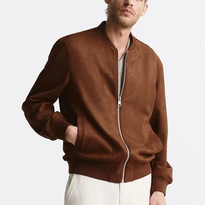 Rich brown suede bomber jacket men tailored fit premium texture smart-casual style