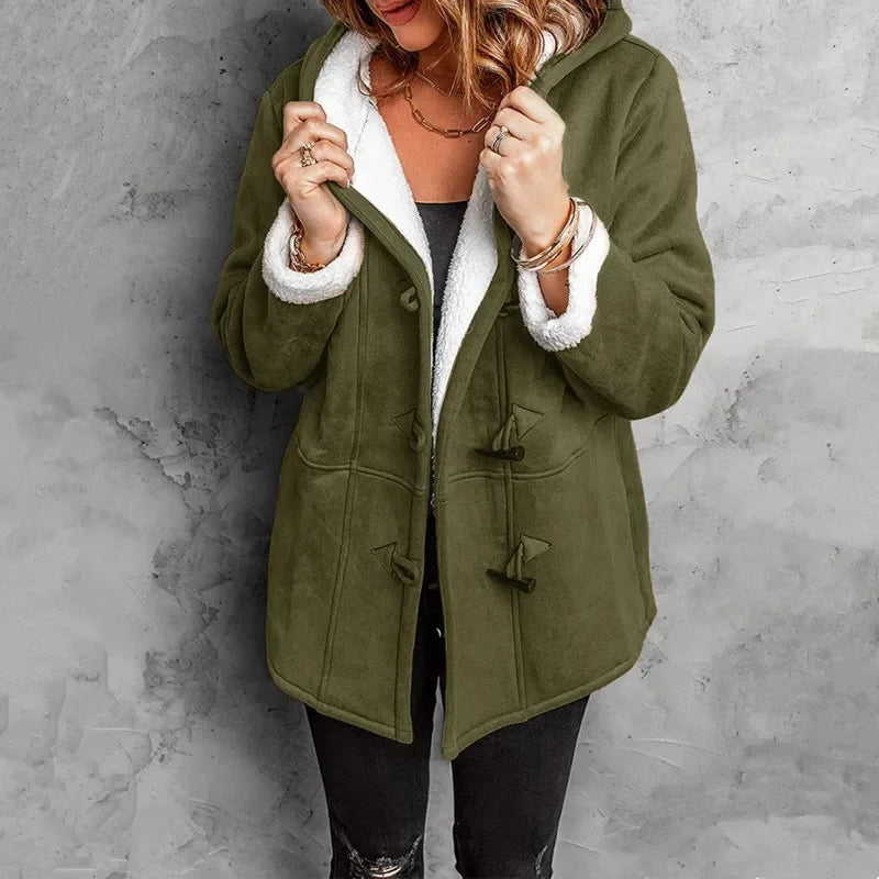 Clovain hooded fleece coat with toggle closures, cozy winter style in neutral tone