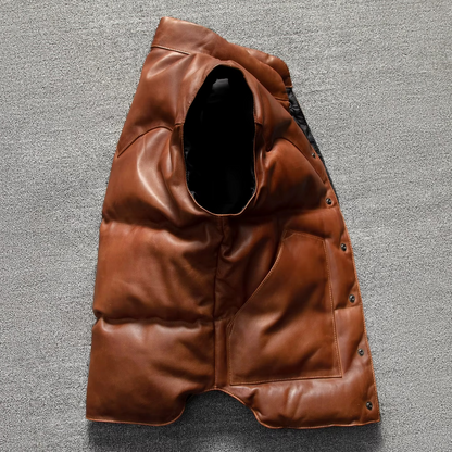 Men's dark brown quilted lambskin leather biker vest with insulated puffer design