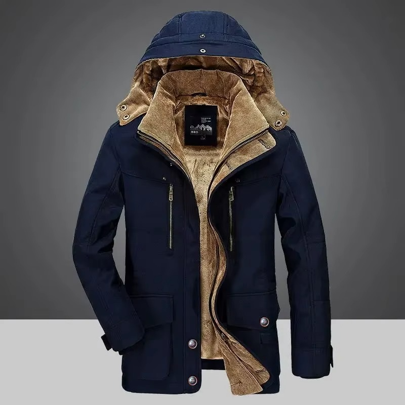 Men's navy winter parka jacket thick fleece lining windproof shell for hiking and commuting