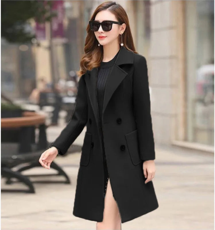 Isla slim-fit double-breasted wool winter coat in classic neutral tone with turn-down collar