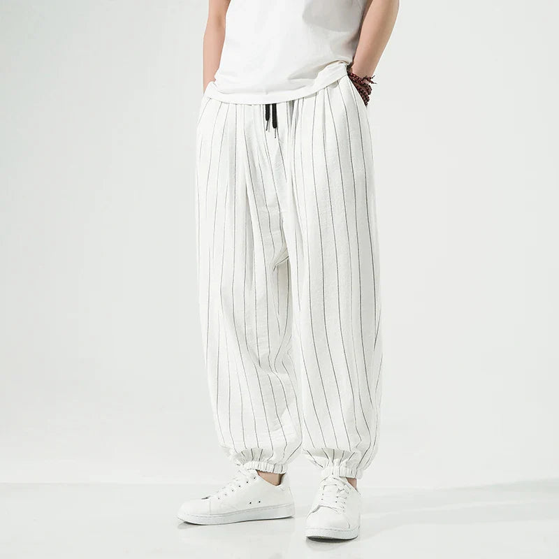 Men's white pinstripe cotton trousers relaxed fit with elastic waistband, breathable premium fabric