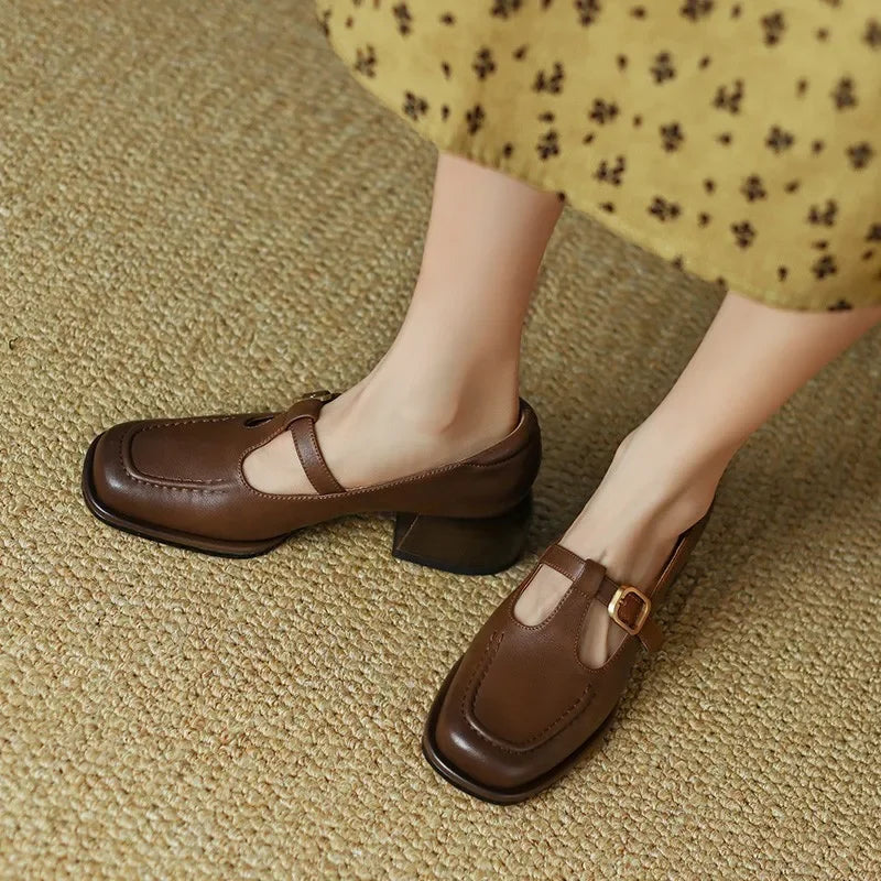 Women's square toe Mary Jane T-strap block heel shoes with gold-tone buckle in smooth finish
