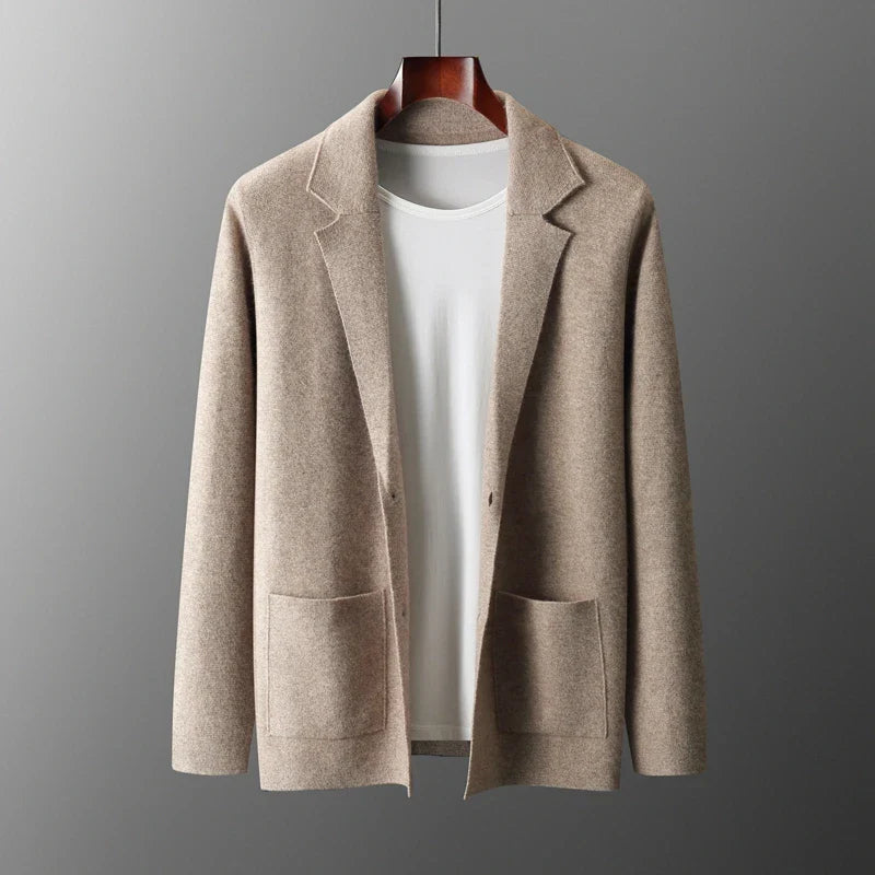 Men's wool cardigan tailored fit notched lapel patch pockets hip length in neutral tone
