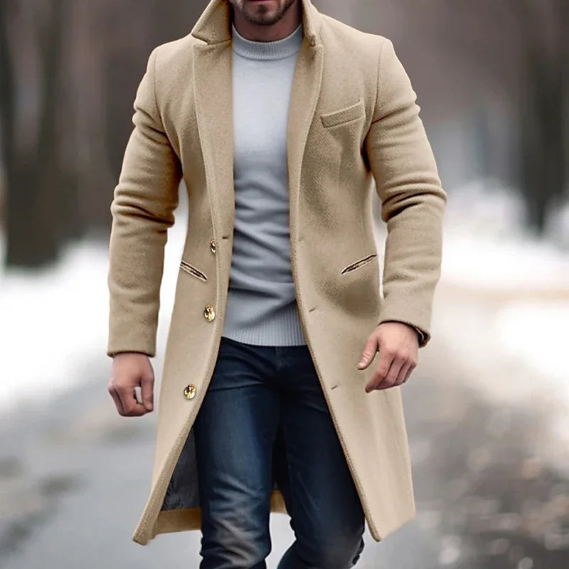 Men's full-length tailored winter overcoat in classic cut with stretch polyester-spandex warm lining