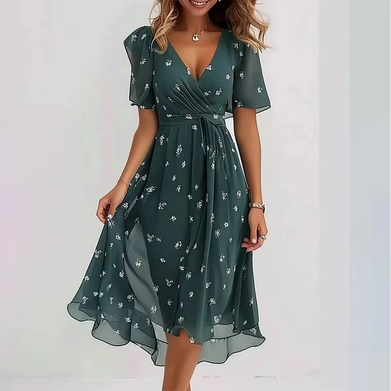 Summer V-Neck Floral Print Loose Casual Short Sleeve Dress for Women