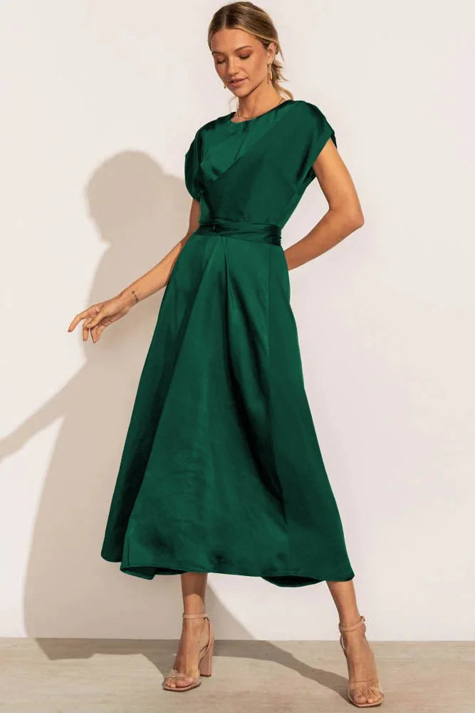 Women's satin midi dress in elegant A-line fit with flattering V-neck wrap design