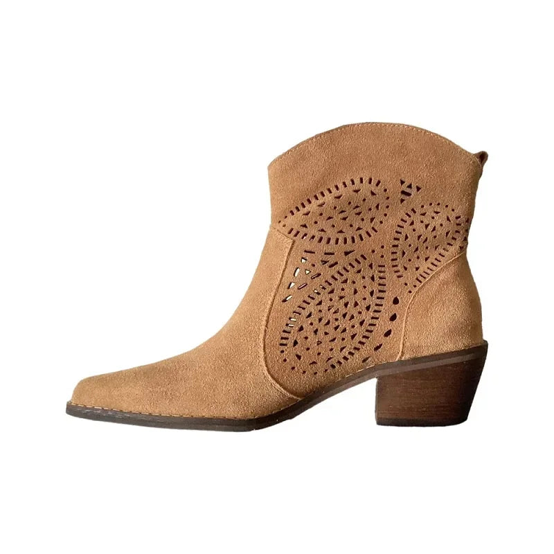 Warm brown faux suede western ankle boots with pointed toe and sleek city-ready silhouette