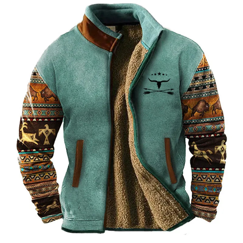 Men's relaxed fit color block sherpa-lined fleece jacket with zipper pockets, plush warmth