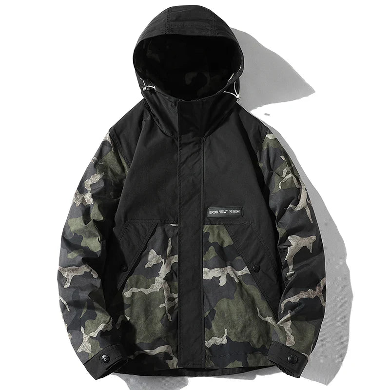 Split camo color-block tech jacket with full-zip high neck, adjustable hood and cuffs