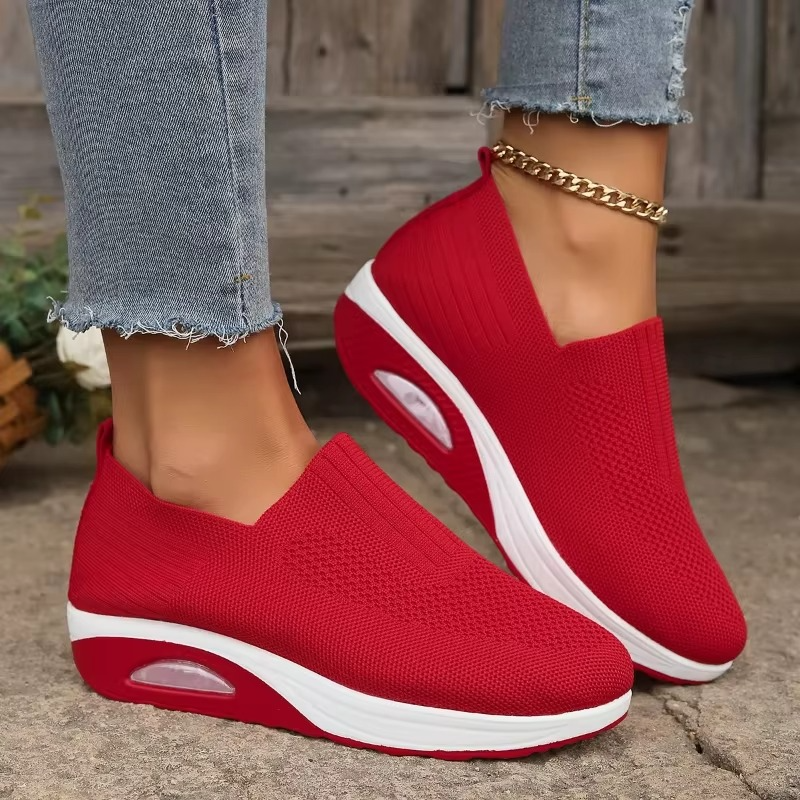 Women's breathable mesh wedge mules with air cushion sole, comfort non-slip walking shoes
