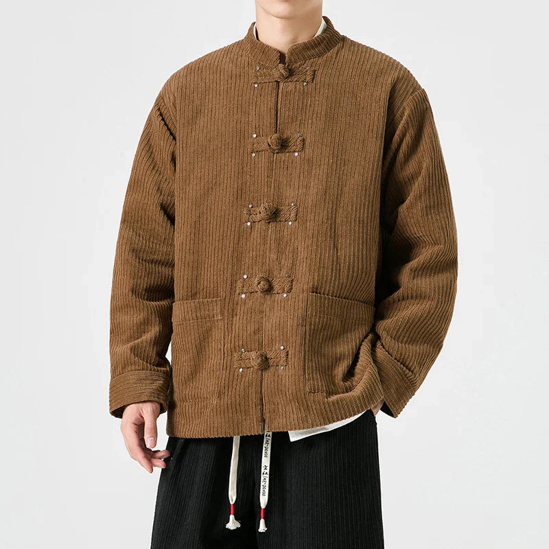 Oversized solid corduroy jacket with embroidered frog closure, Eastern-inspired design in warm textured fabric