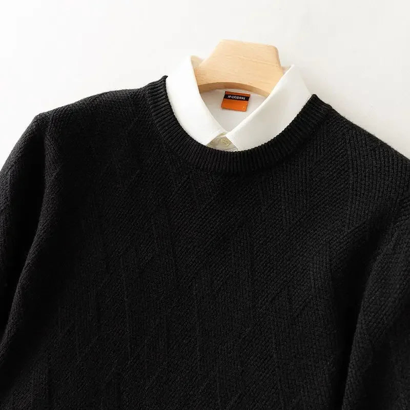 Men's beige diamond knit sweater soft-touch fabric casual layering essential with classic pattern