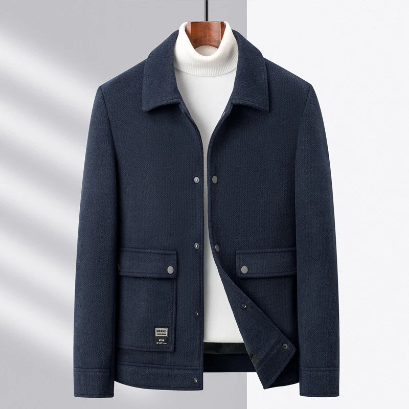 Wagner charcoal wool blend coat with velvet finish, snap-on buttons, and sporty front patch pockets