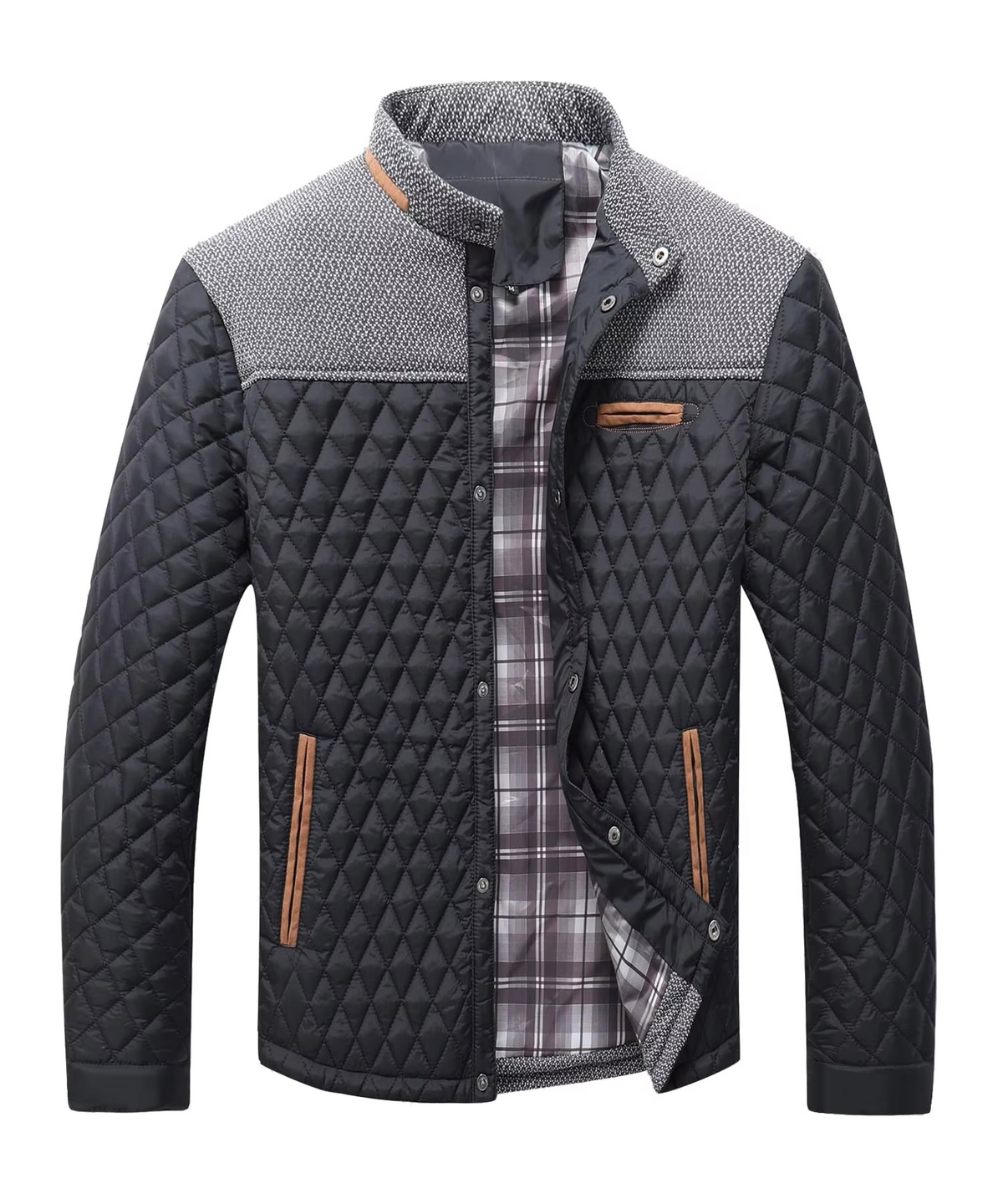 Men's lightweight bomber jacket in diamond quilted design with contrast grey yoke pockets