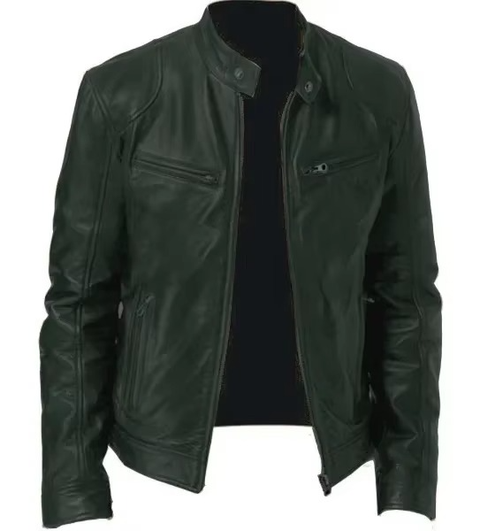 Men black slim fit PU leather motorcycle jacket with structured stand collar snap closure