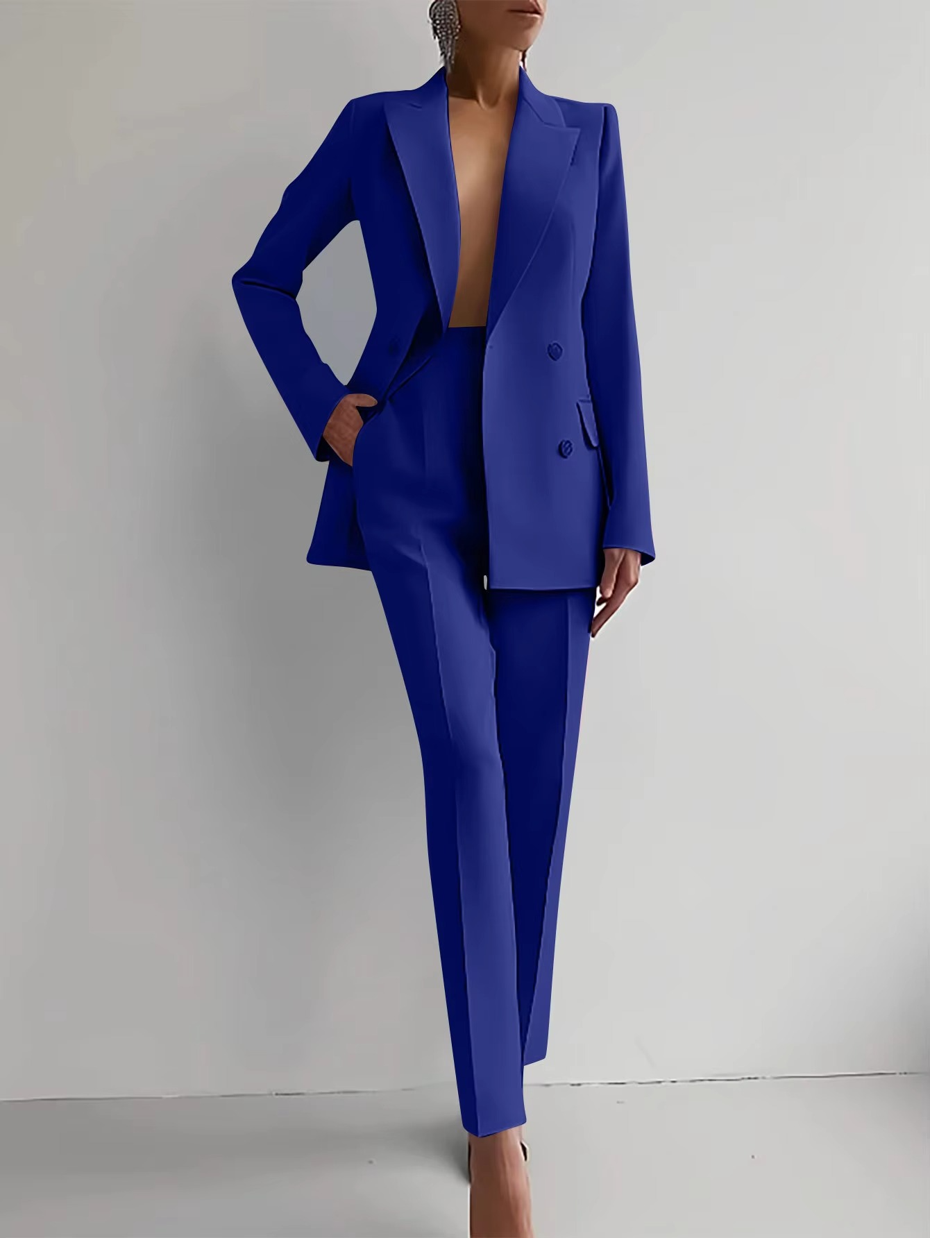 Women's solid color blazer and high-waist pants 2-piece set, tailored workwear coordinated suit
