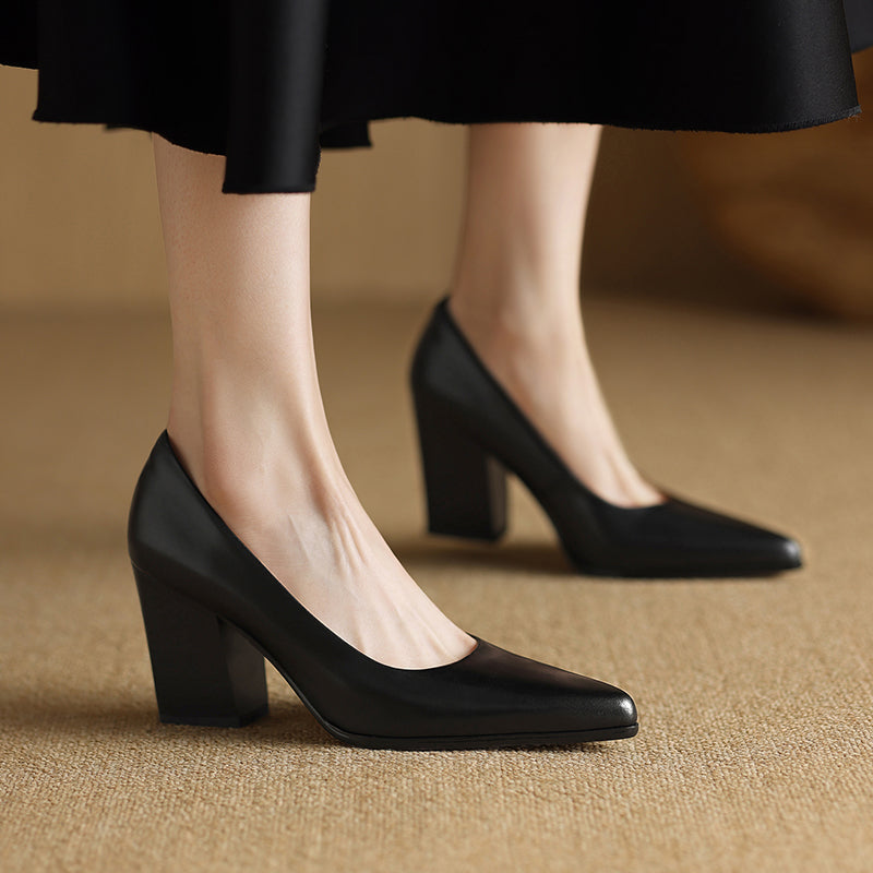 Women's black pointed toe block heel pumps slip-on style structured upper minimalist work heels