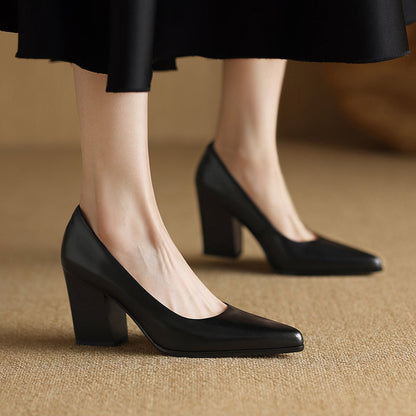 Women's black pointed toe block heel pumps slip-on style structured upper minimalist work heels