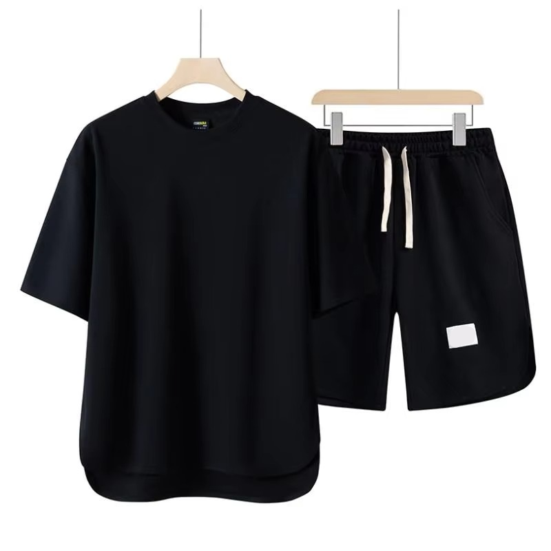Men's streetwear two-piece set short sleeve shirt matching shorts loose-fit elastic waistband