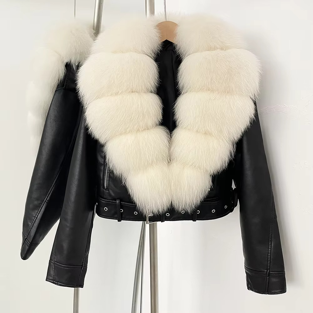 Women's black faux leather coat with plush faux fur collar, elegant long-line winter style