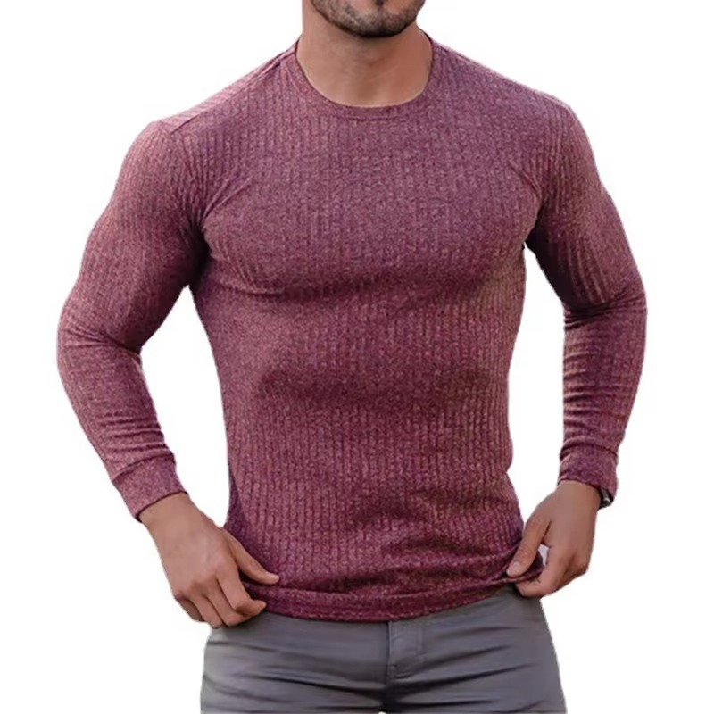 Men's gray quick-dry knit long sleeve fitness shirt with moisture-wicking athletic slim fit