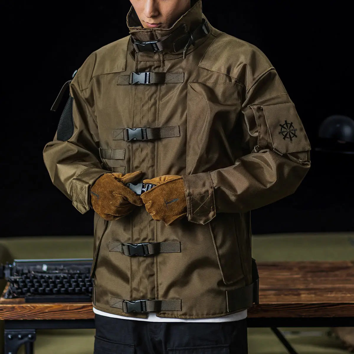 Men's olive green tactical jacket waterproof military-style ripstop shell with multiple utility pockets