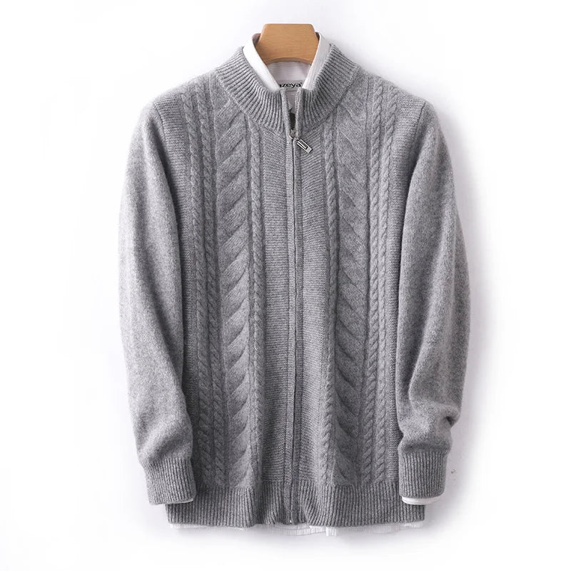 Mock neck zip-up cashmere wool knit sweater in classic style with ribbed texture, cozy luxe blend