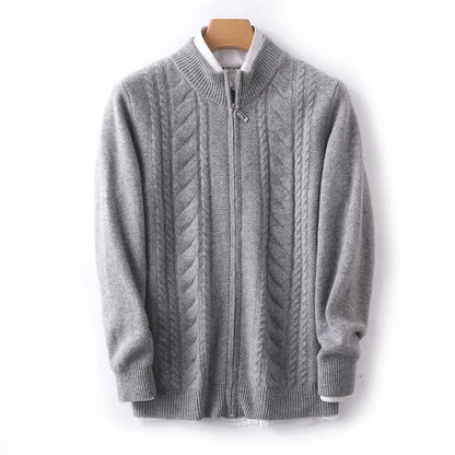 Mock neck zip-up cashmere wool knit sweater in classic style with ribbed texture, cozy luxe blend
