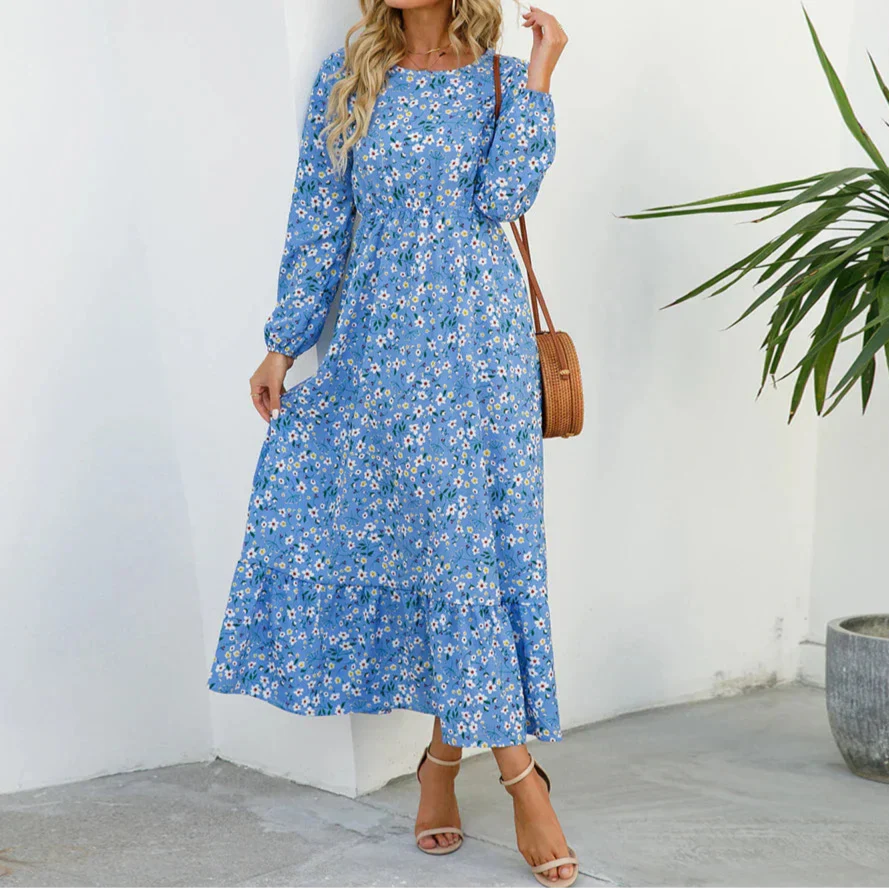 Floral maxi dress elegant flowing silhouette soft tones flattering modest cut timeless summer style