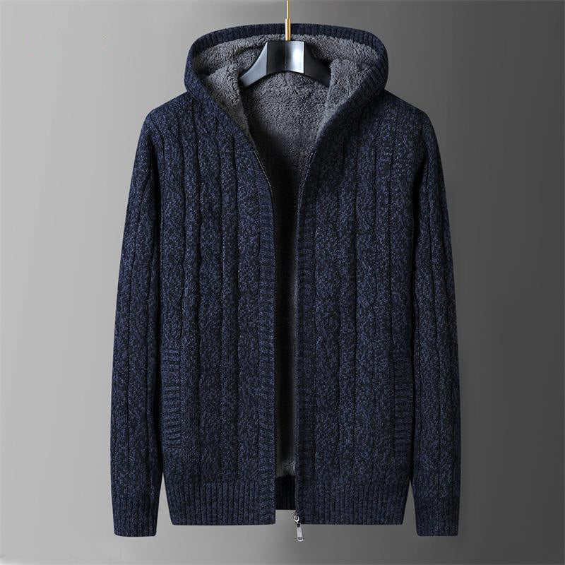 Giorgio wool knitted sweater in neutral tone, hooded full-zip cozy knit with premium wool-lined interior