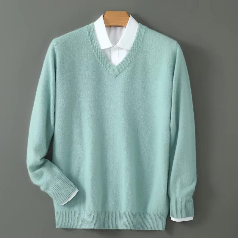 Men's cashmere blend V-neck knit pullover, loose fit, lightweight warm sweater for plus size