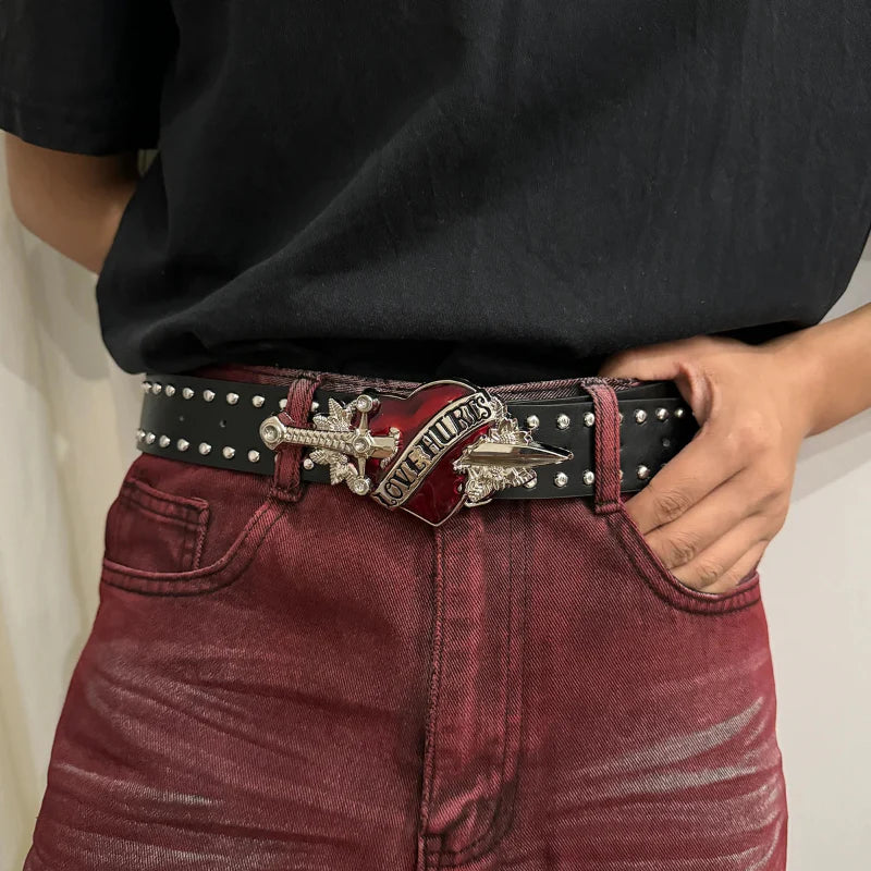 Denim studded belt with bold metal hardware, adjustable unisex fit waist 28-36, edgy fashion accessory