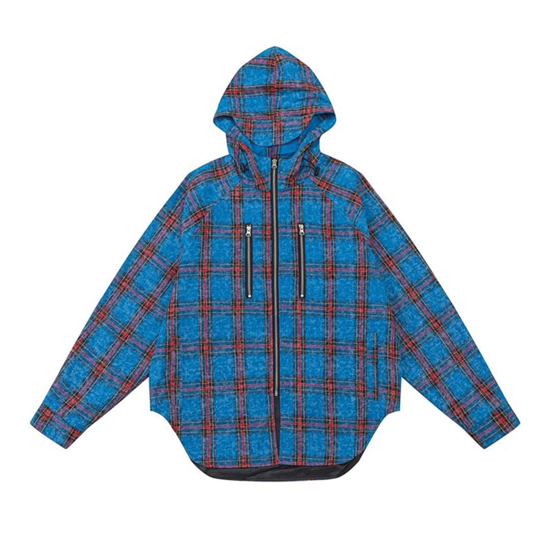 Retro plaid cotton hooded overshirt with patchwork detailing in checkered multicolor print