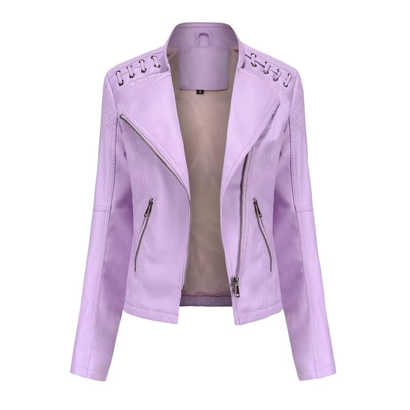 Women's black PU leather motorcycle jacket slim fit short zip-up with bold biker-style hardware