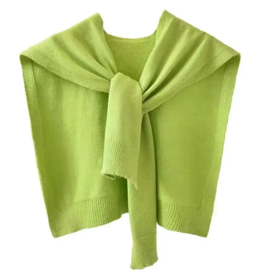 Beige knitted scarf wrap with sweater-inspired texture, rectangular silhouette for versatile draping