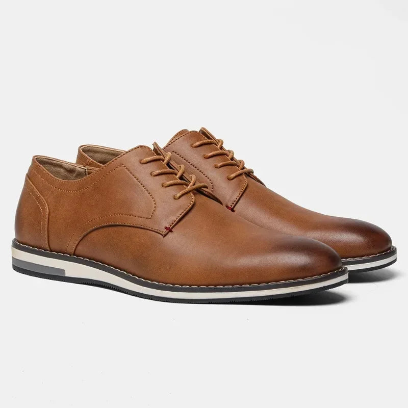 Men's brown synthetic leather derby shoes with rubber outsole, classic silhouette for business casual wear