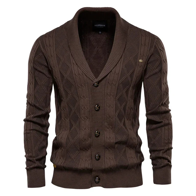 Men's navy blue buttoned cardigan with ribbed trim and classic slim-fit silhouette