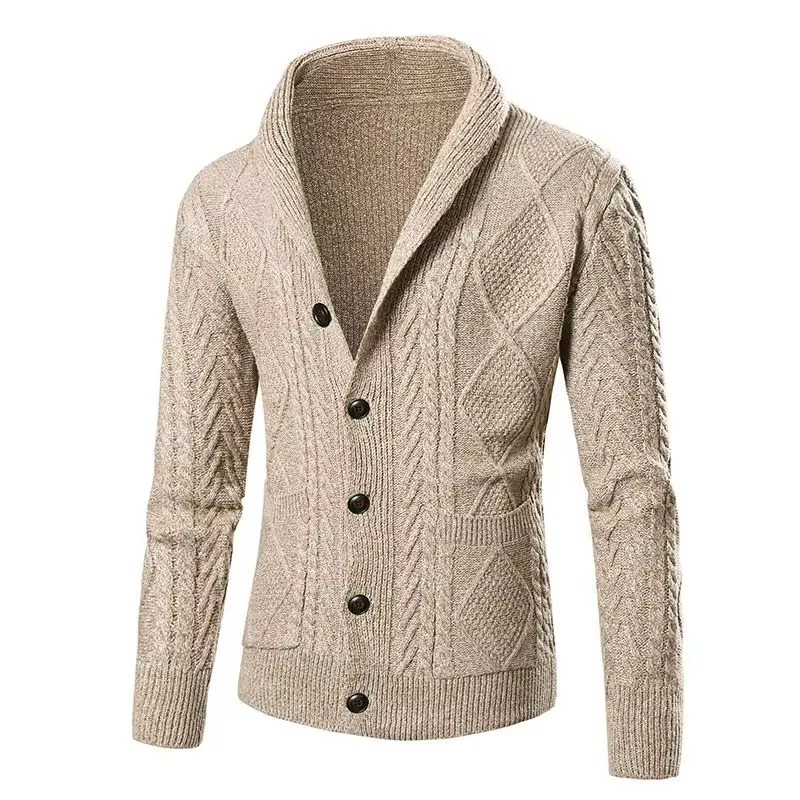 Men's slim fit solid knit cardigan coat with shawl collar and button front for autumn winter