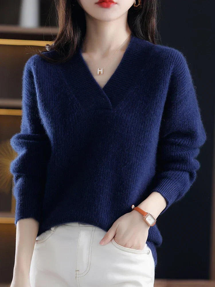 Women's soft knit V-neck pullover sweater relaxed fit with ribbed trim for effortless cozy style