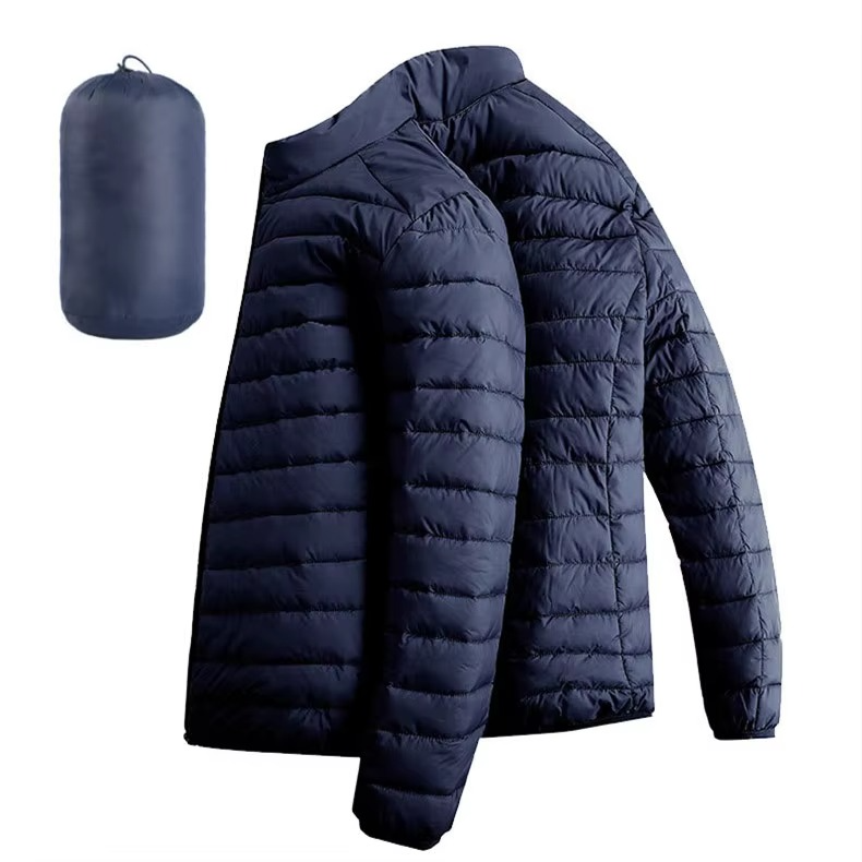 Men's lightweight hooded down jacket with zip pockets, slim urban fit for city commuters