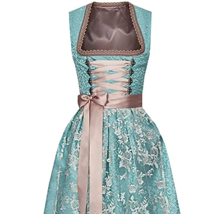 Women's blue Bavarian dirndl dress with classic apron overlay, traditional Oktoberfest costume