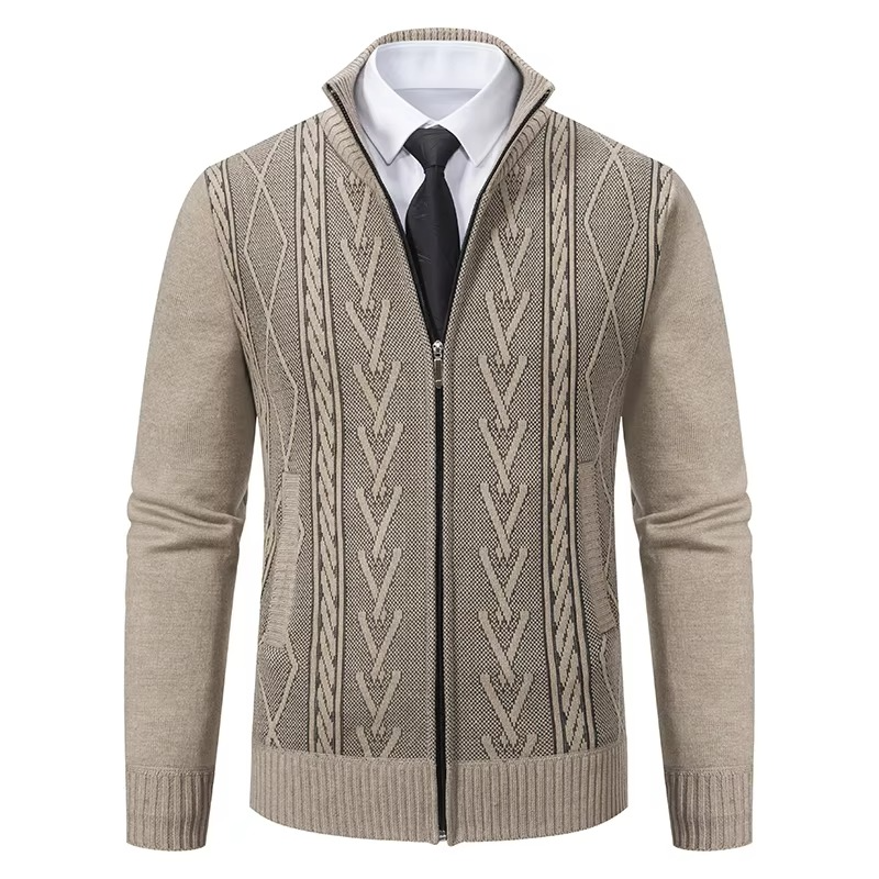 Men's gray cashmere padded knit sweater jacket modern slim fit with insulated interior