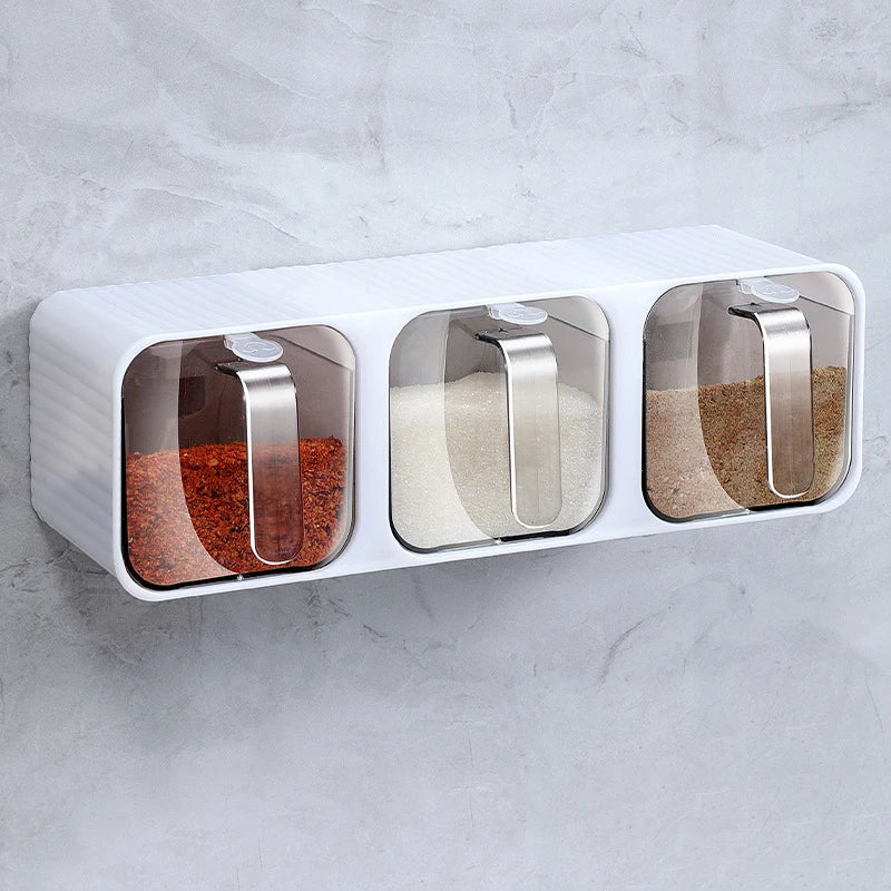 Garnita wall-mounted seasoning storage box with transparent lids and space-saving compact design